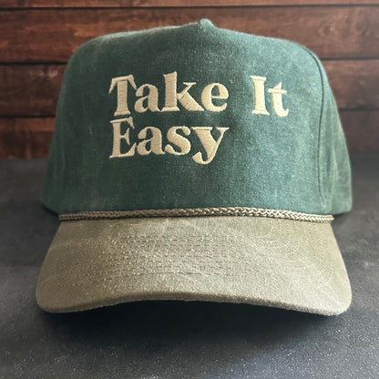 Take It Easy Embroidered Faded Canvas Snapback Trucker Hat