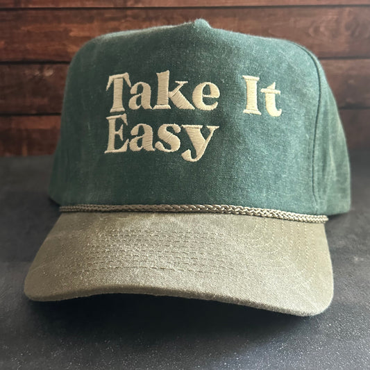 Take It Easy Embroidered Faded Canvas Snapback Trucker Hat