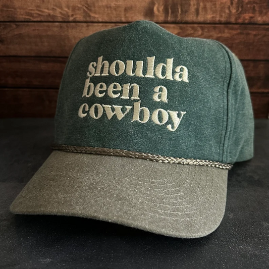 Vintage Style Shoulda Been a Cowboy Faded Canvas Snapback Trucker Rope Hat