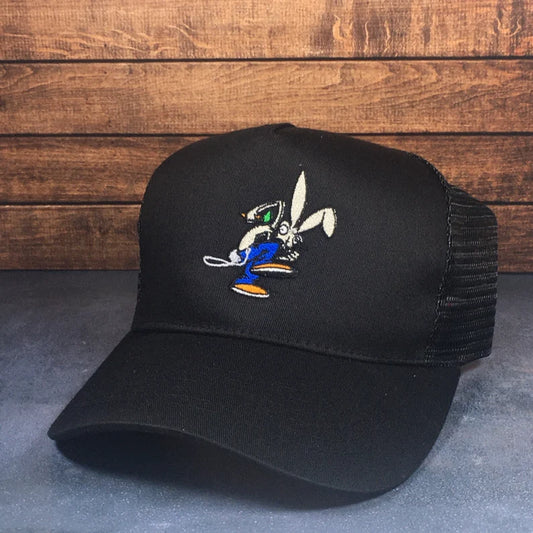 Vintage Style Blink 182 Bunny Stitched Black Mesh Trucker Hat