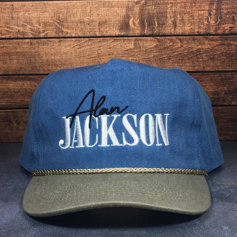 Vintage Style Alan Jackson Stitched Faded Canvas Rope Trucker Hat