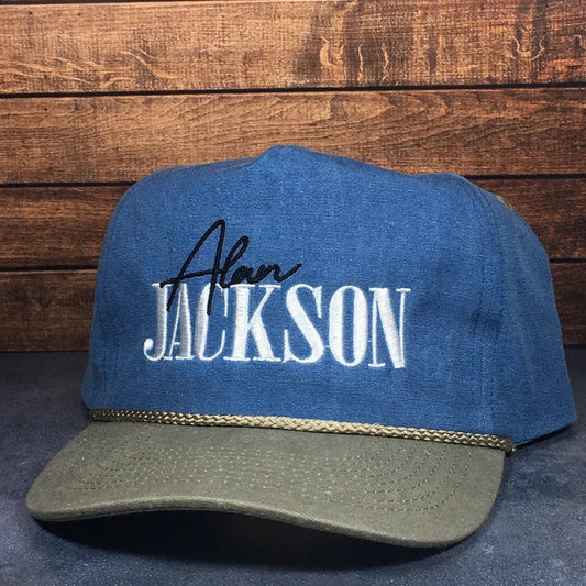 Vintage Style Alan Jackson Stitched Faded Canvas Rope Trucker Hat