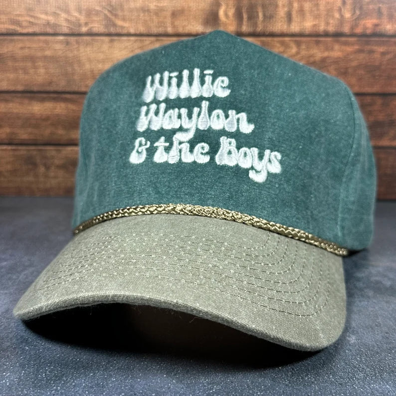 Vintage Style Willie Waylon and the Boys Embroidered Faded Canvas Snapback Trucker Rope Hat for Men and Women with Free Shipping