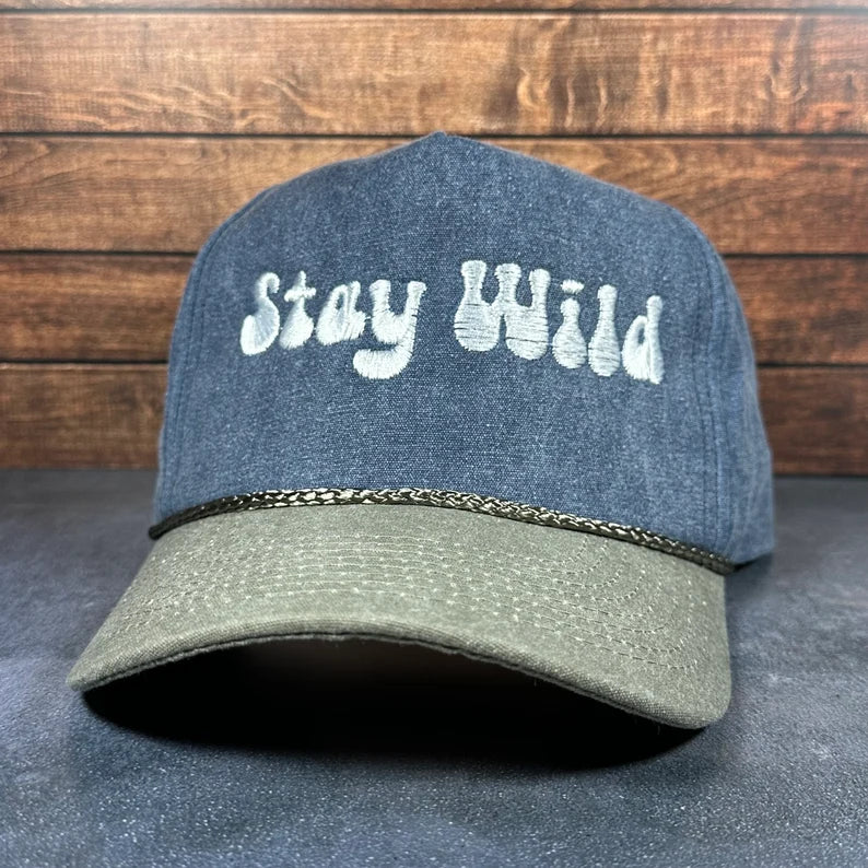 Vintage Style Stay Wild Outdoors Embroidered Faded Canvas Snapback Trucker Rope Hat for Men and Women with Free Shipping