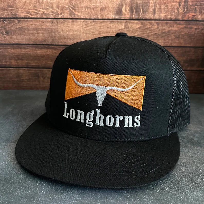 Vintage Style Longhorns Texas Stitched Black Mesh Back Flatbill Trucker Hat Free Shipping