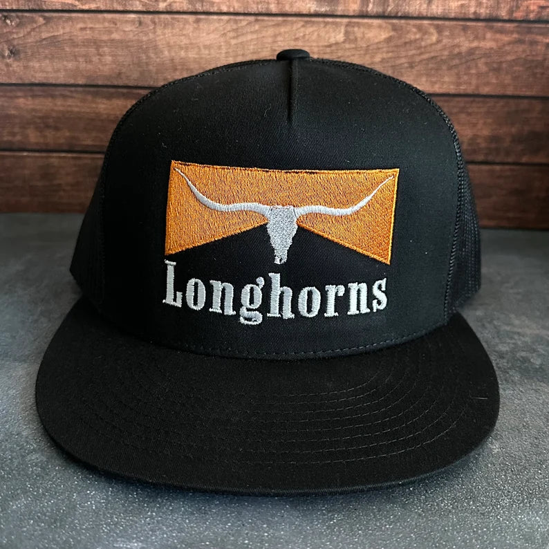 Vintage Style Longhorns Texas Stitched Black Mesh Back Flatbill Trucker Hat Free Shipping