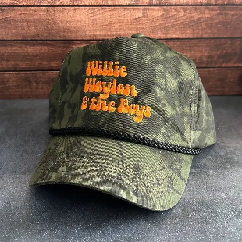 Vintage Style Willie Waylon and the Boys Embroidered Faded Canvas Snapback Trucker Rope Hat for Men and Women with Free Shipping