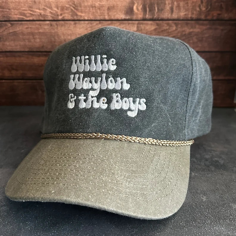 Vintage Style Willie Waylon and the Boys Embroidered Faded Canvas Snapback Trucker Rope Hat for Men and Women with Free Shipping