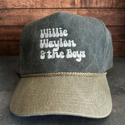 Vintage Style Willie Waylon and the Boys Embroidered Faded Canvas Snapback Trucker Rope Hat for Men and Women with Free Shipping