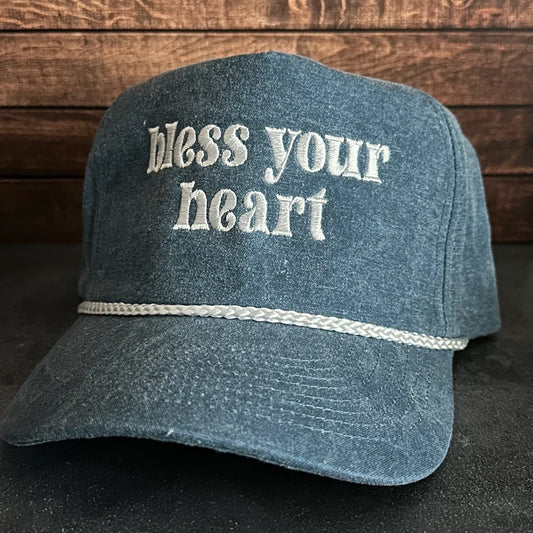 Vintage Style Bless Your Heart Embroidered Faded Canvas Snapback Trucker Rope Hat