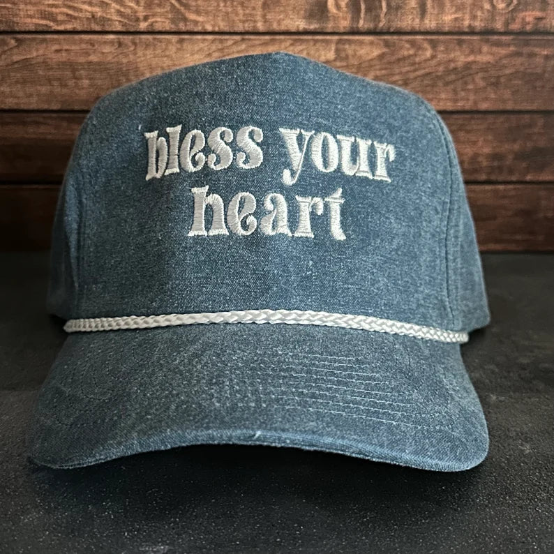 Bless Your Heart Embroidered Faded Canvas Snapback Trucker Rope Hat