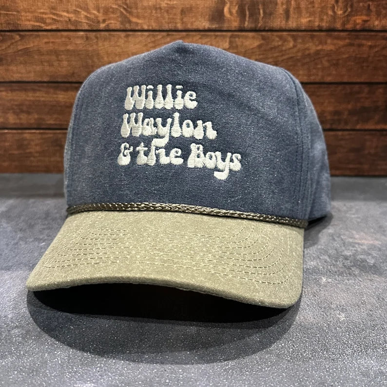 Vintage Style Willie Waylon and the Boys Embroidered Faded Canvas Snapback Trucker Rope Hat for Men and Women with Free Shipping