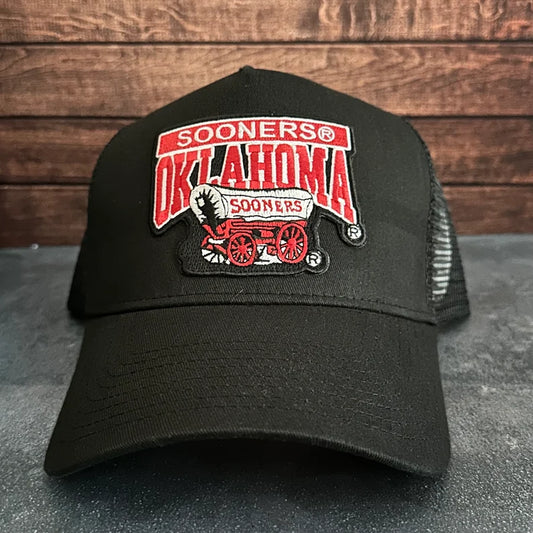 Vintage Style University of Oklahoma Sooners Embroidered Patch Black Mesh Back Trucker Hat Free Shipping