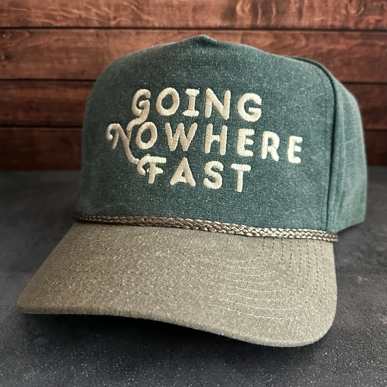 Vintage Style Going Nowhere Fast Embroidered Faded Canvas Snapback Trucker Rope Hat with Free Shipping