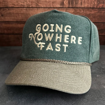 Vintage Style Going Nowhere Fast Embroidered Faded Canvas Snapback Trucker Rope Hat with Free Shipping