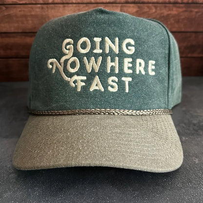 Vintage Style Going Nowhere Fast Embroidered Faded Canvas Snapback Trucker Rope Hat with Free Shipping