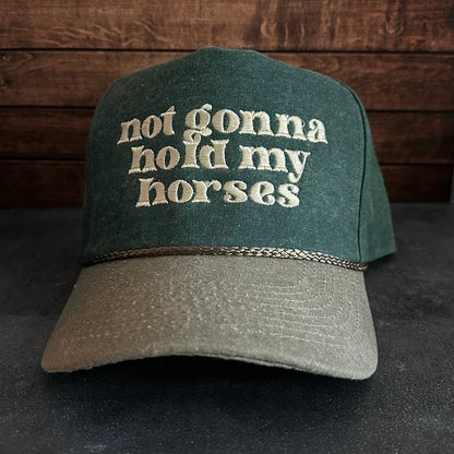 Vintage Style Not Gonna Hold My Horses Embroidered Faded Canvas Snapback Trucker Rope Hat with Free Shipping