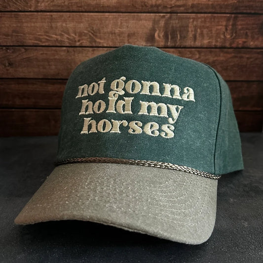 Vintage Style Not Gonna Hold My Horses Embroidered Faded Canvas Snapback Trucker Rope Hat with Free Shipping