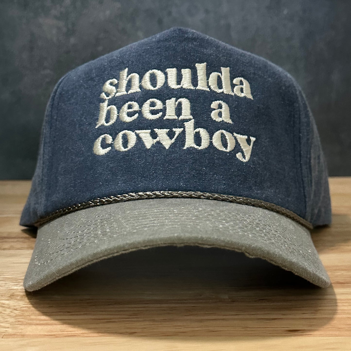 Shoulda Been a Cowboy Faded Canvas Snapback Trucker Rope Hat